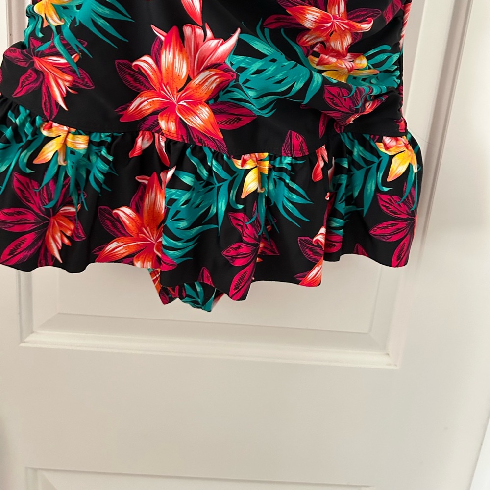Tropical Escape Black One-Piece Swimsuit with Pink, Red and Yellow Floral Print - Picture 2 of 11